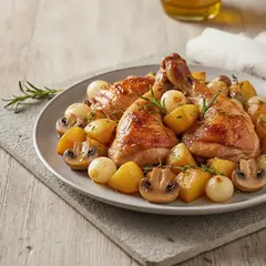 Pollo con patate, funghi e cipolline