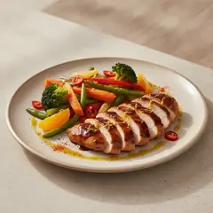 Pollo in salsa di soia con verdure al vapore