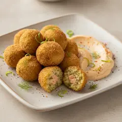 Polpettine fritte al salmone e patate con maionese veloce alla paprika