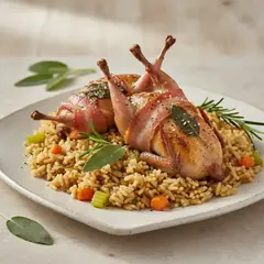 Quaglie con mantello di pancetta e riso