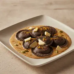 Ravioli al cacao con cuore di cioccolato bianco