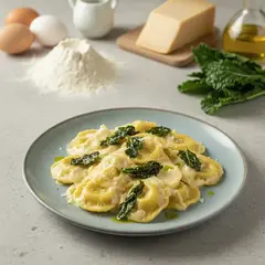 Ravioli del plin con Grana Padano e chips di cavolo nero