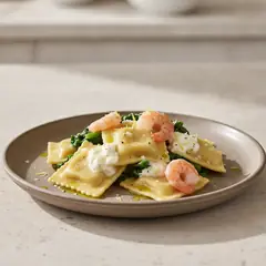 Ravioli di gamberi con stracciatella e cime di rapa