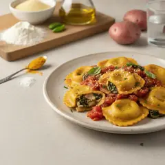 Ravioli di patate ed erbette al sugo