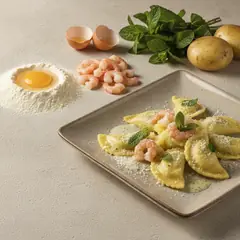 Ravioli ripieni di patate e gamberi