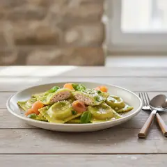 Ravioli ripieni di salmone con salsa al basilico