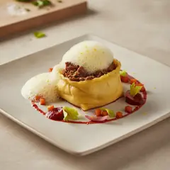 Raviolo ripieno di costine di manzo con spuma al limone