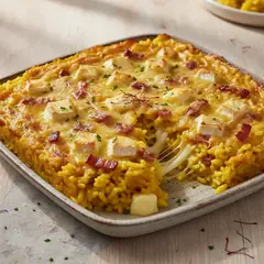 Riso allo zafferano al forno con speck e brie