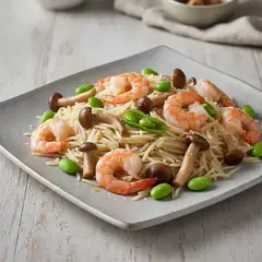 Riso basmati con gamberi, edamame e funghi