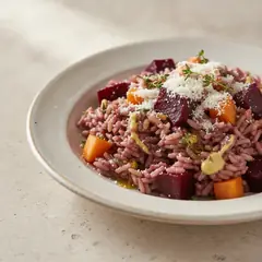 Riso con pesto di radicchio, barbabietola e caco mela