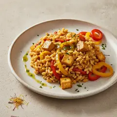 Riso orzo e farro in salsa di peperoni e tofu