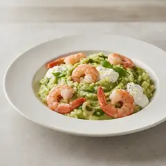 Risotto al pesto di zucchine yogurt e mazzancolle