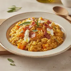 Risotto alla zucca con robiola e pancetta croccante