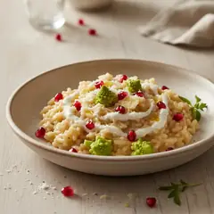 Risotto con broccolo romanesco, melagrana e kefir