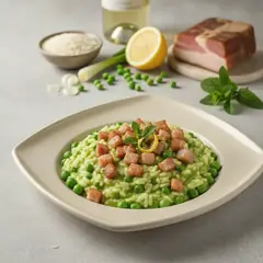 Risotto con crema di piselli e guanciale