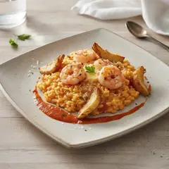 Risotto con gamberi, bisque veloce e carciofi fritti
