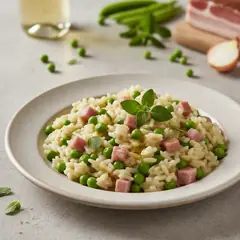 Risotto con piselli pancetta e maggiorana