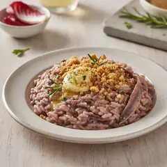 Risotto con radicchio, burro di acciughe e pane aromatico
