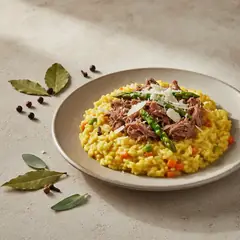 Risotto giallo con carne sfilacciata, asparagi e Grana Padano DOP