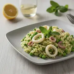 Risotto menta, piselli e calamari