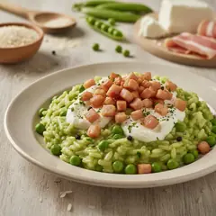 Risotto piselli, crescenza e pancetta croccante