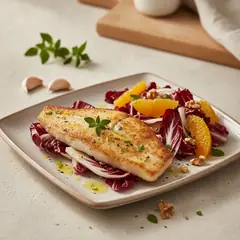Rombo in padella con insalata di arance, radicchio e noci