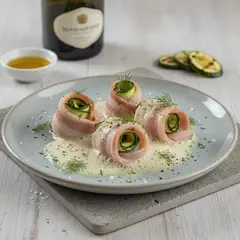 Rotolini di filetti di branzino con pancetta affumicata e zucchine grigliate al Prosecco