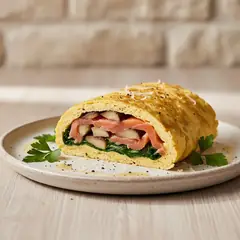 Rotolo al salmone funghi e spinaci saltati