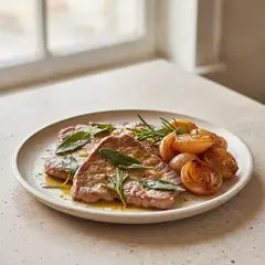 Scaloppine al rosmarino e salvia con scalogni caramellati