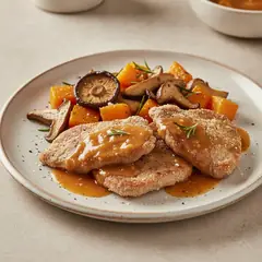 Scaloppine al vin santo con zucca e funghi misti