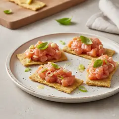 Schiacciate con tartare di salmone e cipollotto
