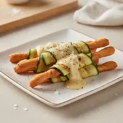 Sfilati al pomodoro con zucchine grigliate e crema al parmigiano