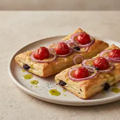 Sfoglie alle olive con cipolle e pomodorini