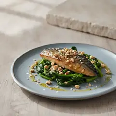 Sgombro con cime di rapa e nocciole