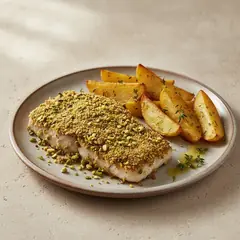 Spada in crosta di pistacchi con spicchi di patate