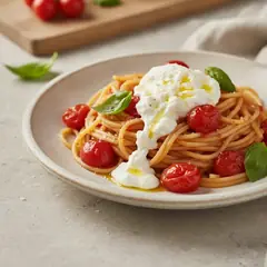 Spaghetti al pomodoro fresco, basilico e stracciatella