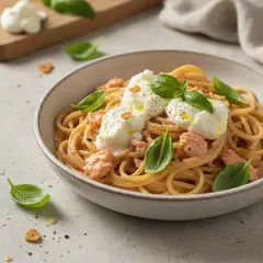 Spaghetti al salmone e stracciatella al basilico