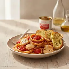 Spaghetti al sugo con merluzzo e pane alle erbe