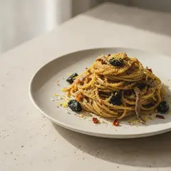 Spaghetti all'aglio fermentato e bottarga