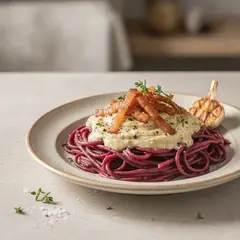 Spaghetti alla barbabietola, crema di castelmagno e guanciale