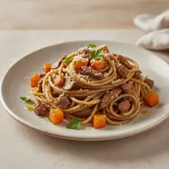 Spaghetti alla chitarra alla farina di castagne con funghi, zucca e salsiccia