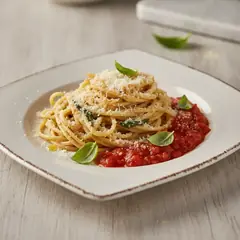 Spaghetti alla parmigiana con coulis di pomodoro