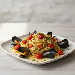 Spaghetti con cozze e pomodorini