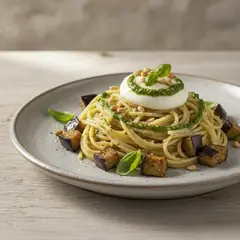 Spaghetti con crema di burrata e melanzane