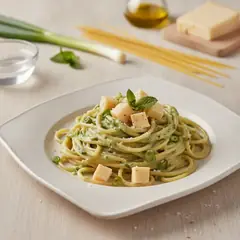 Spaghetti con crema di cipollotti e taleggio