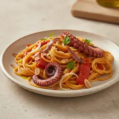 Spaghetti con crema di peperoni e polpo