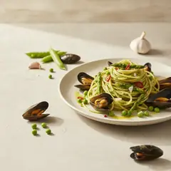 Spaghetti con crema di piselli, asparagi e cozze