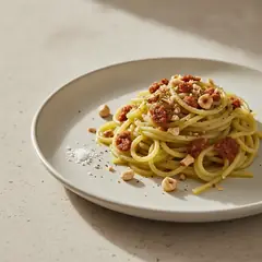 Spaghetti con crema di porri, nduja e nocciole