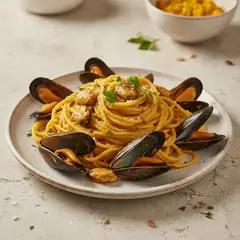 Spaghetti con crema di zucca e cozze