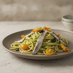 Spaghetti con crema di zucchine, pomodorini gialli e alici marinate
